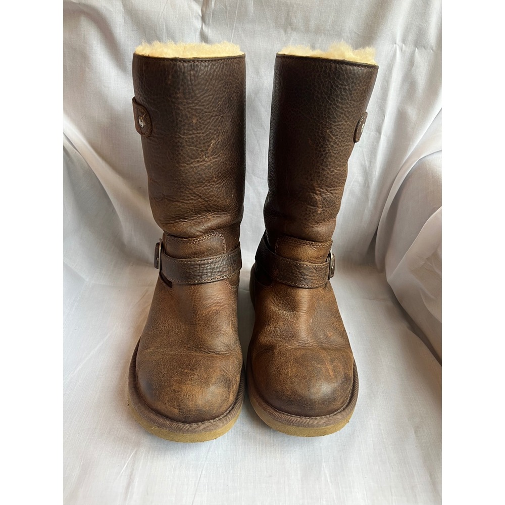 UGG Kensington Women's Sz 6 Brown Shearling Lined Buckle Moto Biker Boots 5678